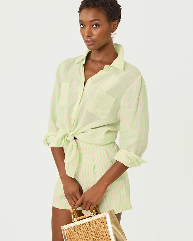 Sea View Button Down (Pistachio Macaron X Conch Shell Pink Saint Tropez Stripe)