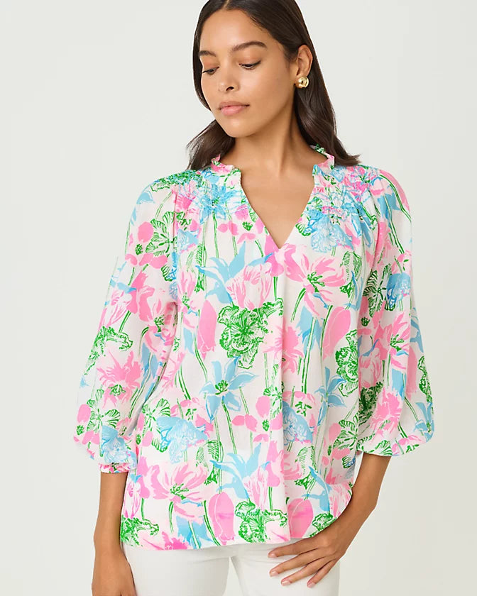 Lourdes 3/4 Sleeve Top (Resort White Viney Liney)