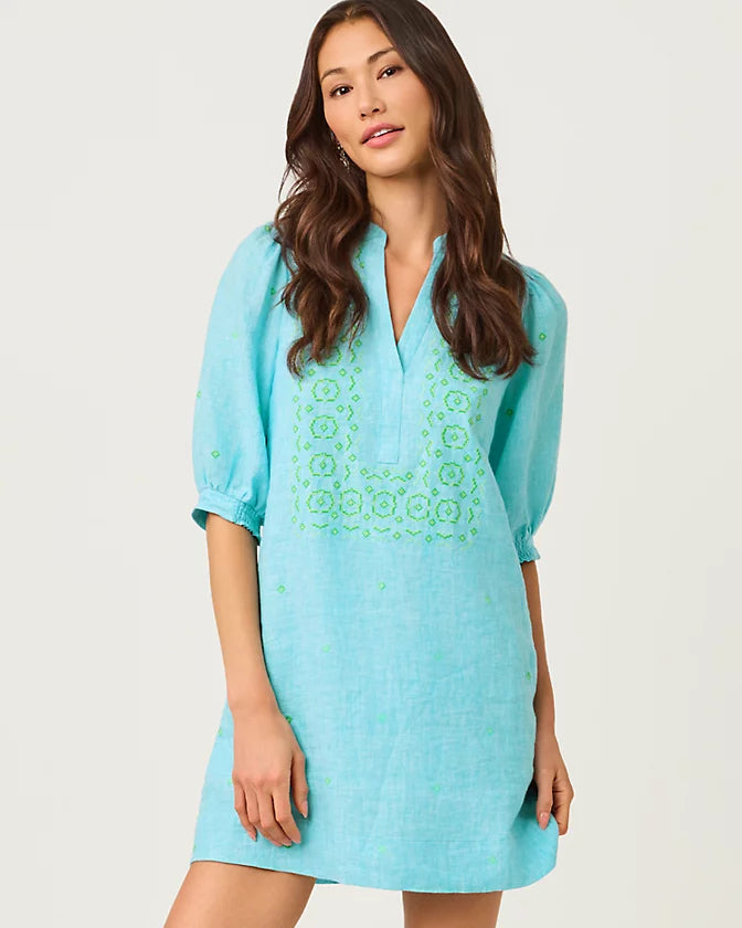 Mialeigh Elbow Sleeve Linen Dress (Capri Blue Resort White)