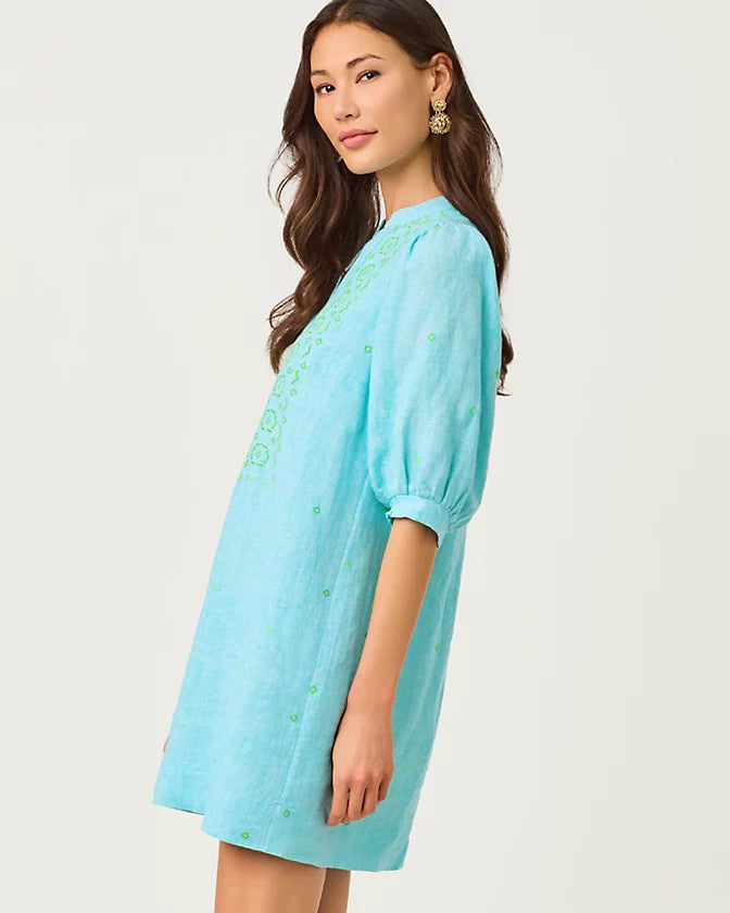 Mialeigh Elbow Sleeve Linen Dress (Capri Blue Resort White)