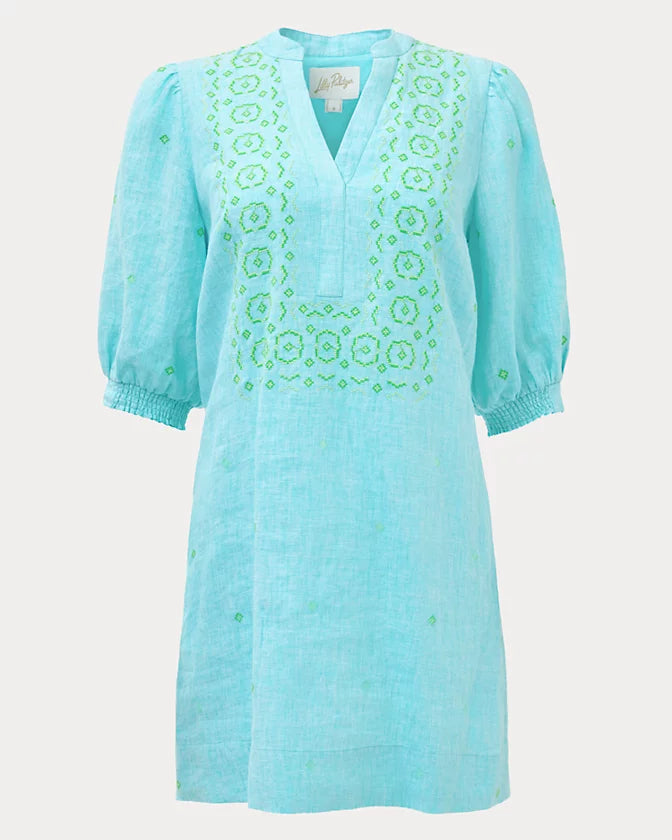 Mialeigh Elbow Sleeve Linen Dress (Capri Blue Resort White)