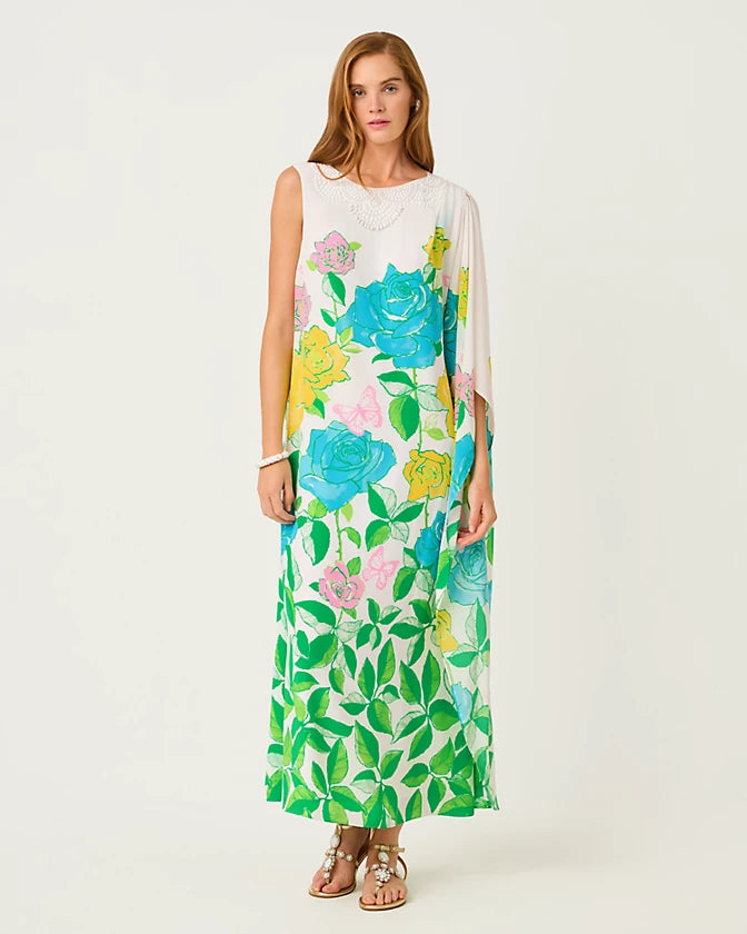 Jaida Silk Maxi Caftan (Multi Rose Bud)