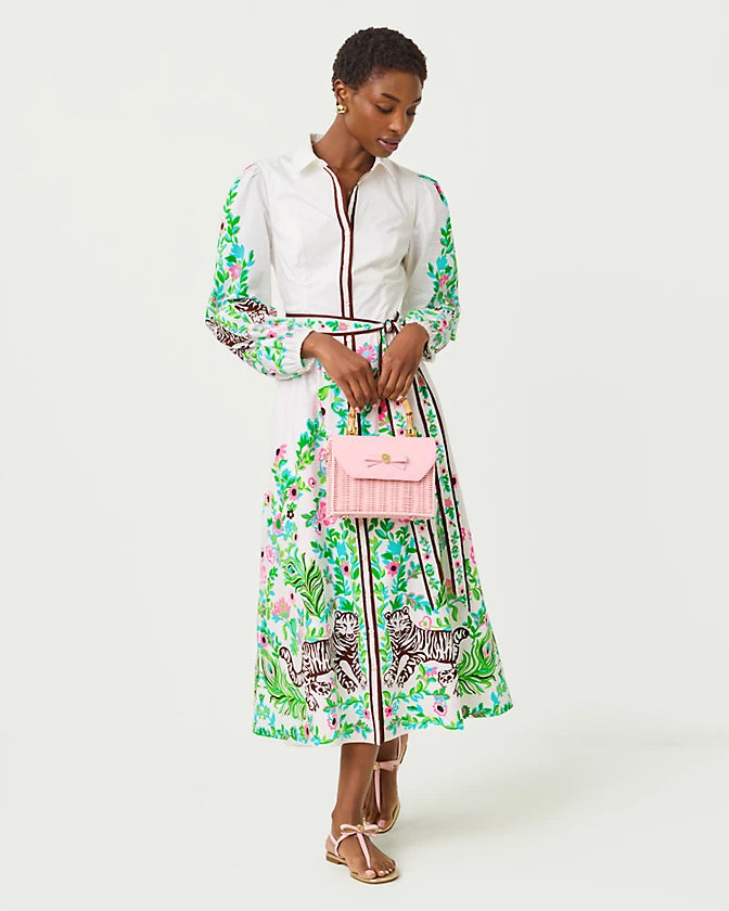 Luanne Stretch Maxi Shirtdress (Resort White Royal Zoo)