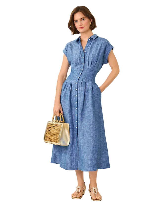 Tonya Linen Midi Shirtdress (Starlight Navy X Resort White)