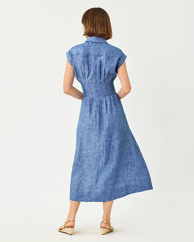 Tonya Linen Midi Shirtdress (Starlight Navy X Resort White)