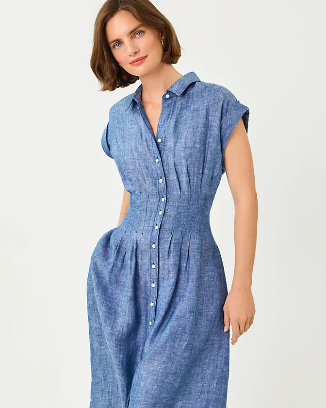 Tonya Linen Midi Shirtdress (Starlight Navy X Resort White)