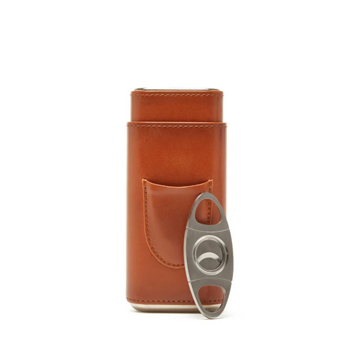 Ashton 3-Cigar Leather Case w Cutter (Brown)