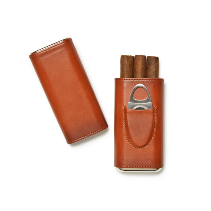Ashton 3-Cigar Leather Case w Cutter (Brown)