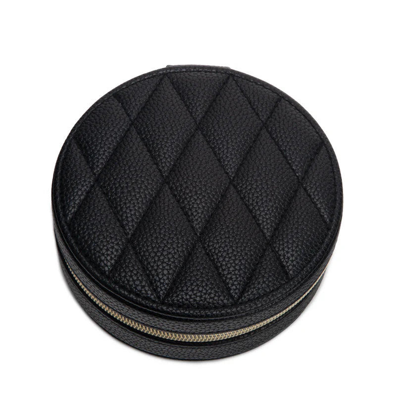 Leah Quilted Round Travel Jewelry Case (Black)