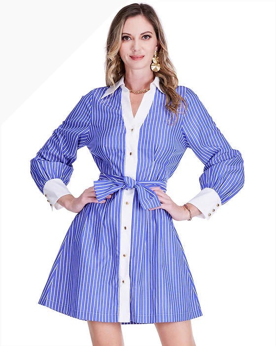 Collar Waist Pleated Shirt Dress (Blue Stripe)