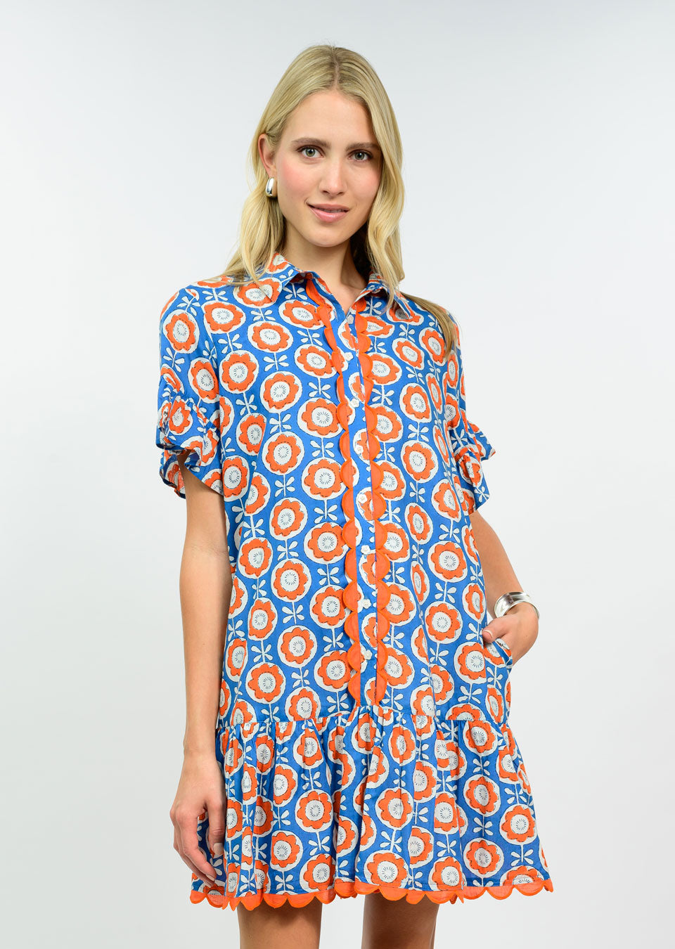 Scalloped Shirt Dress (Blue)