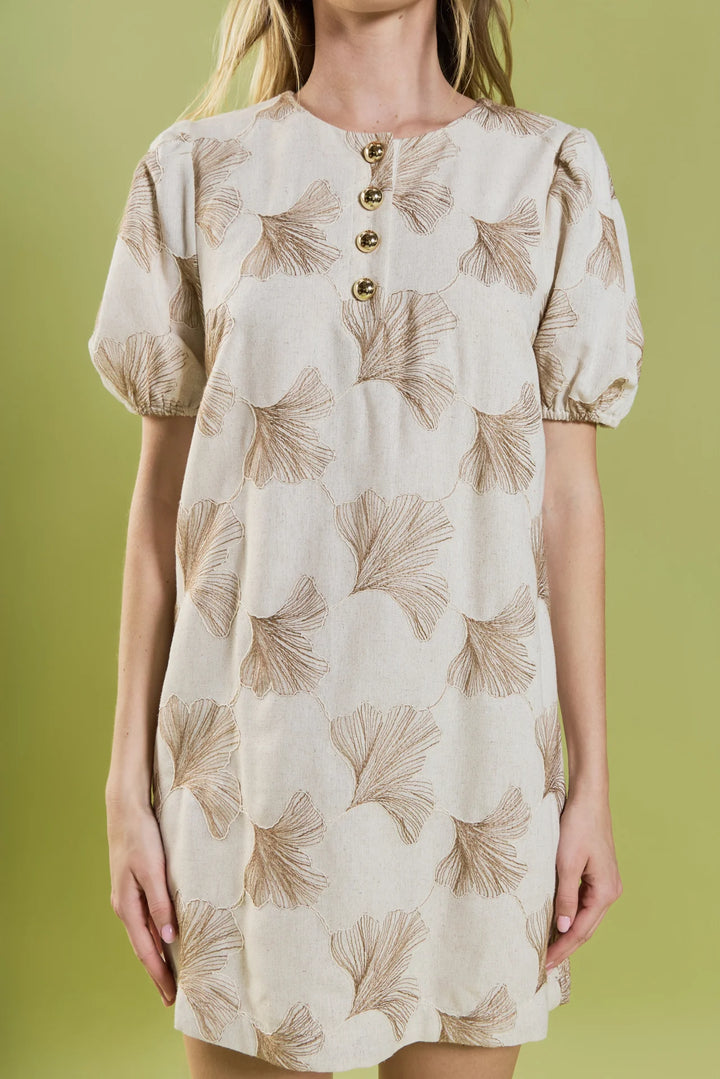 Ginkgo Embroidery Puff Sleeve Mini Dress (Beige)