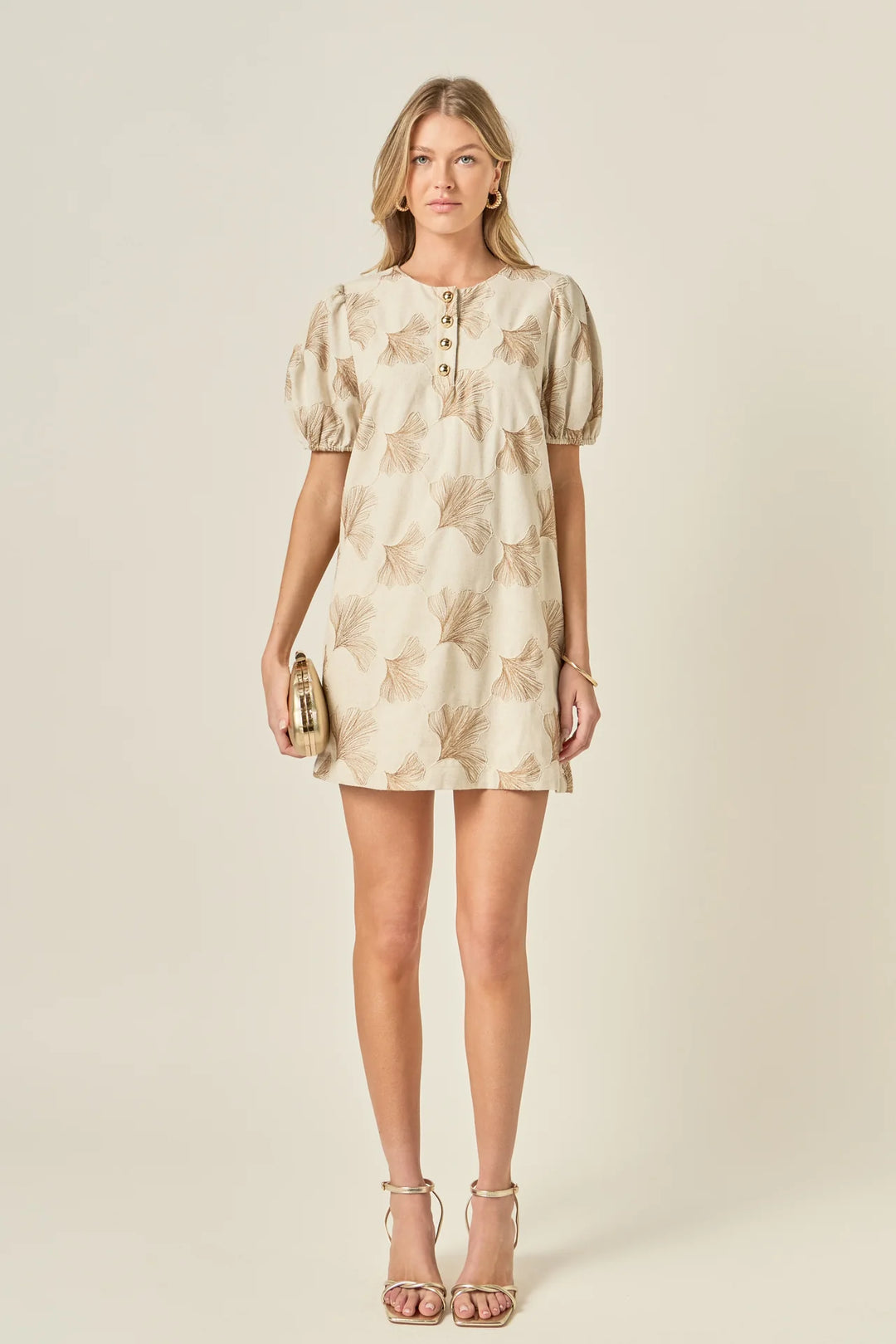 Ginkgo Embroidery Puff Sleeve Mini Dress (Beige)