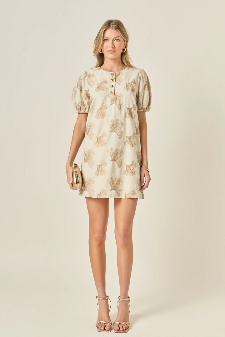 Ginkgo Embroidery Puff Sleeve Mini Dress (Beige)