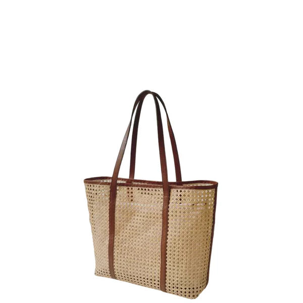 Eleanor Maxi Wicker Tote (Brown Leather)
