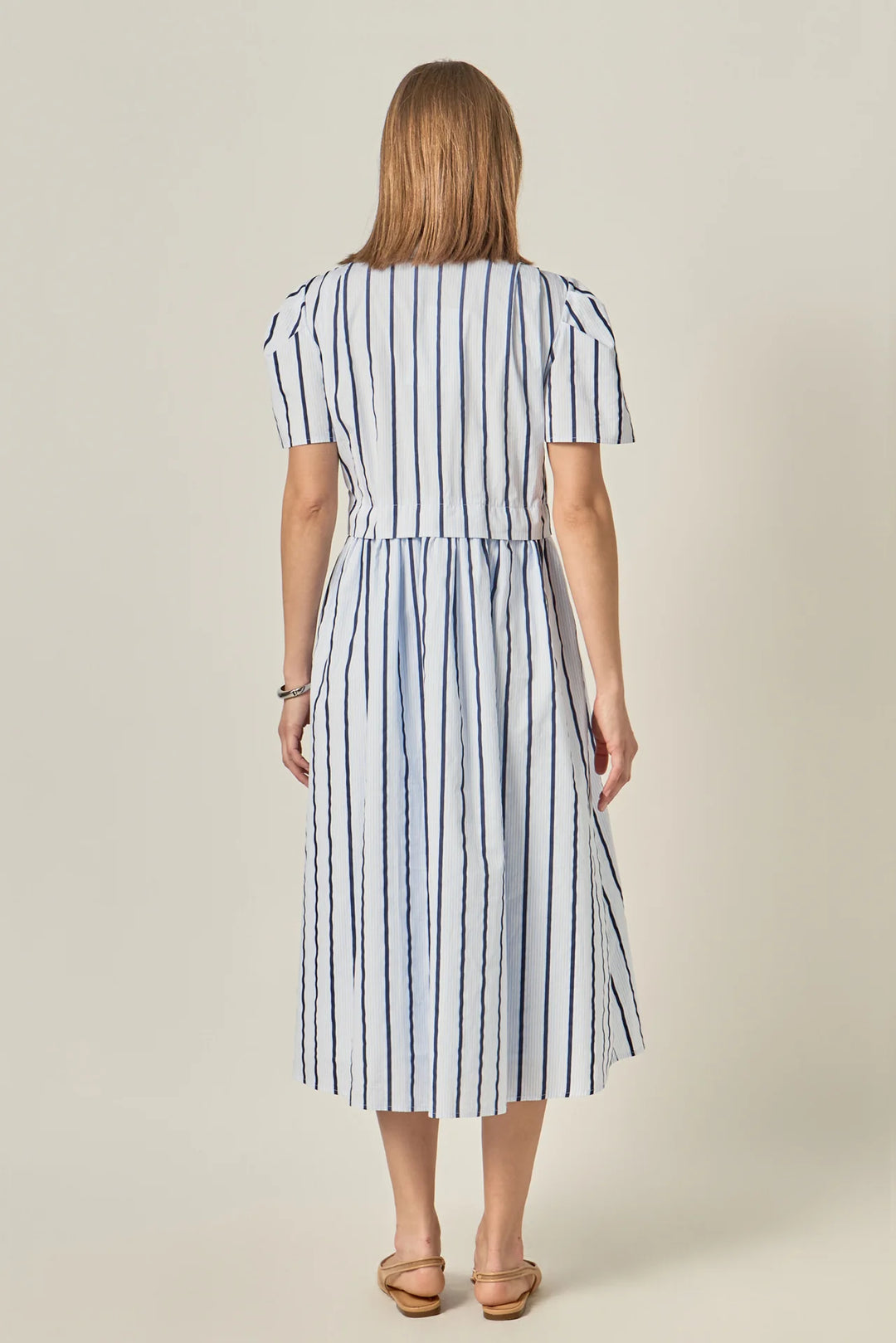 Striped Pleated Shoulder Shirt Midi Dress (Blue Stripe)