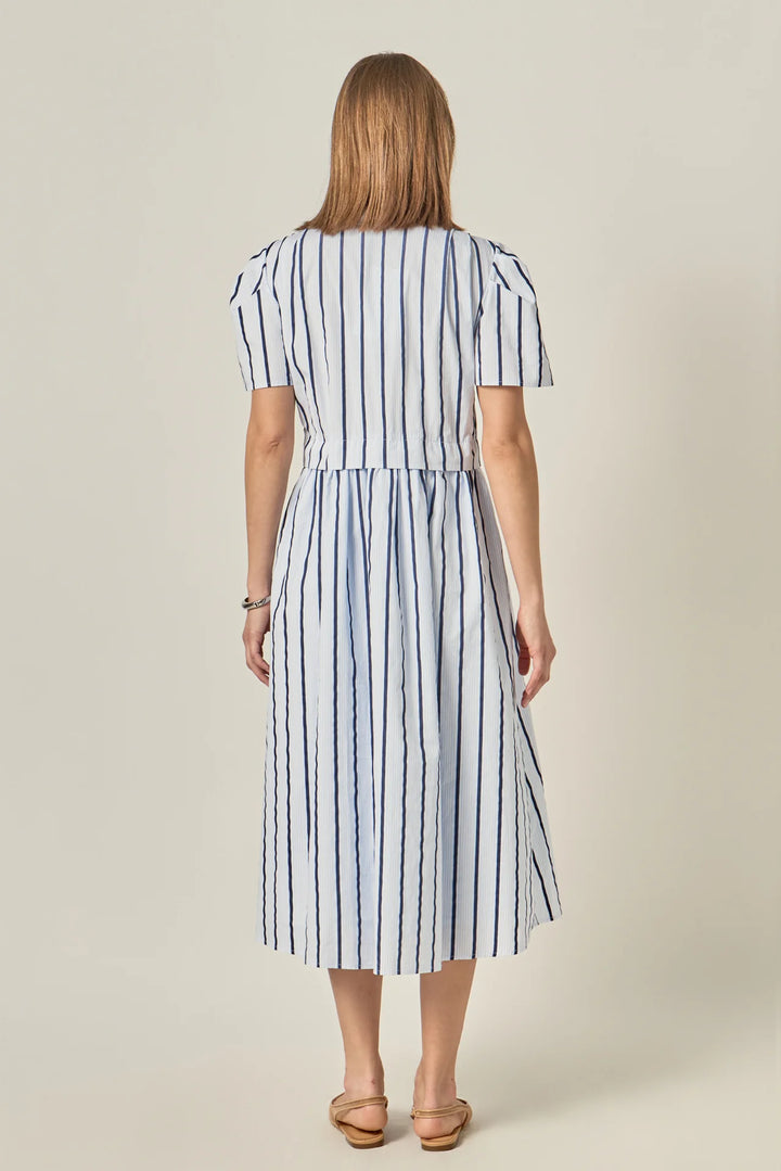 Striped Pleated Shoulder Shirt Midi Dress (Blue Stripe)