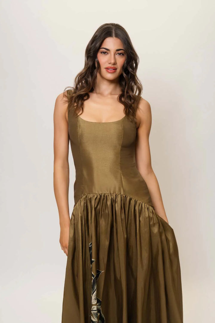 Ridge Dress (Olive Placement Black Inverted Sketch Floral)
