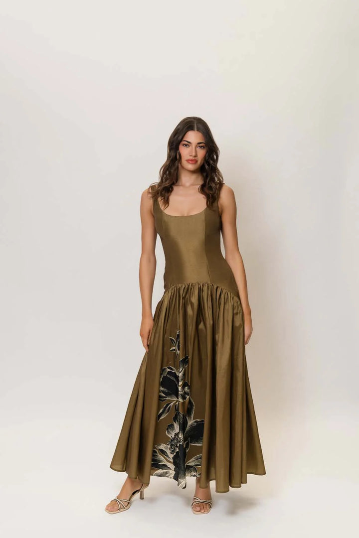 Ridge Dress (Olive Placement Black Inverted Sketch Floral)