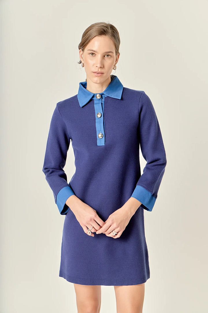 Mixed Media Knit Dress with Denim (Navy)