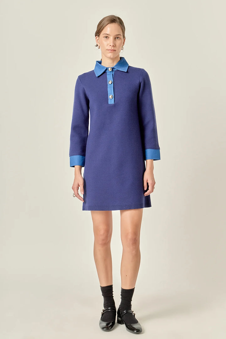 Mixed Media Knit Dress with Denim (Navy)