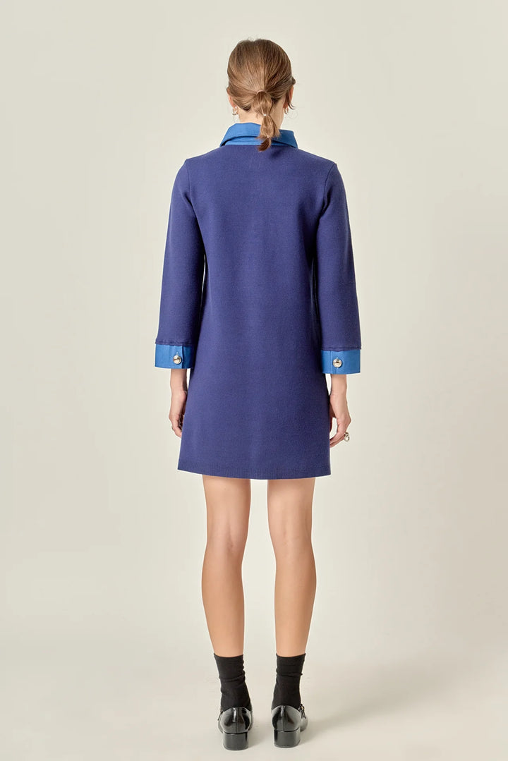 Mixed Media Knit Dress with Denim (Navy)