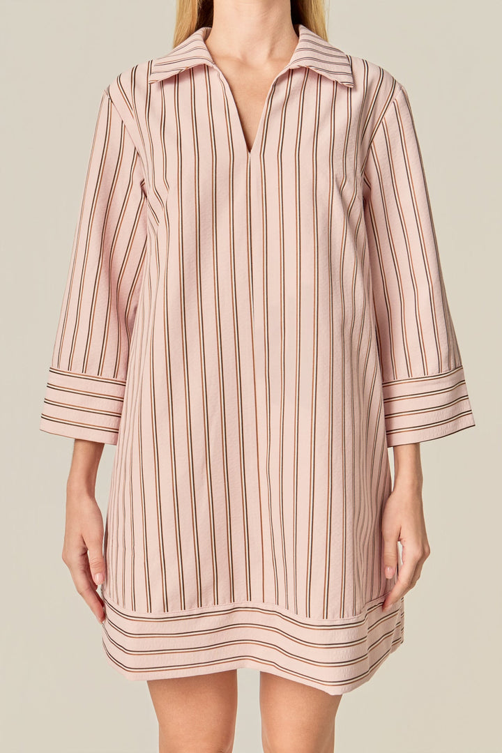 Stripe Collar Mini Dress (Light Pink/Brown)