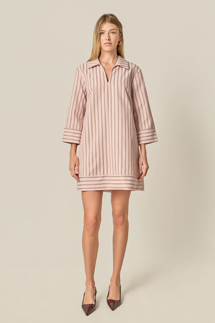 Stripe Collar Mini Dress (Light Pink/Brown)
