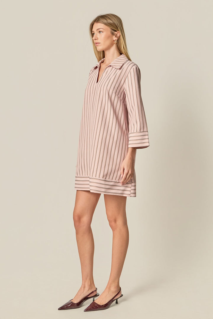 Stripe Collar Mini Dress (Light Pink/Brown)