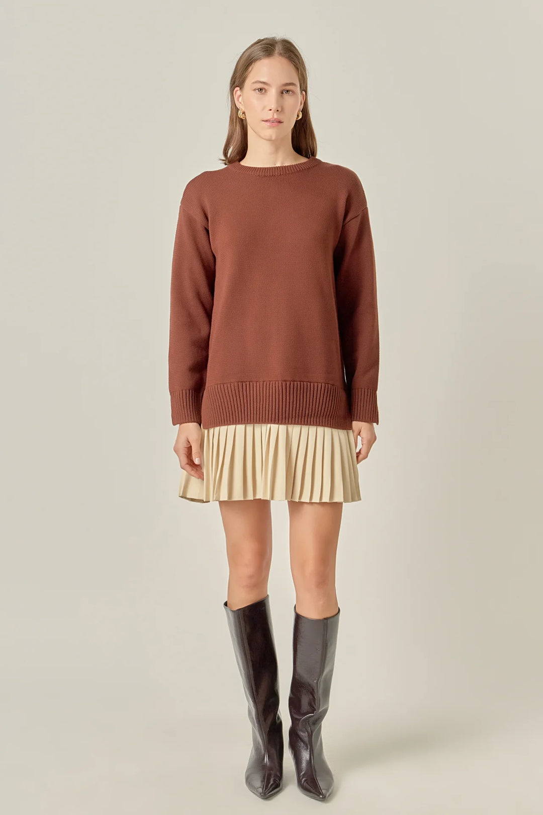 Pleated Mini Dress (Choc Brown/Tan)