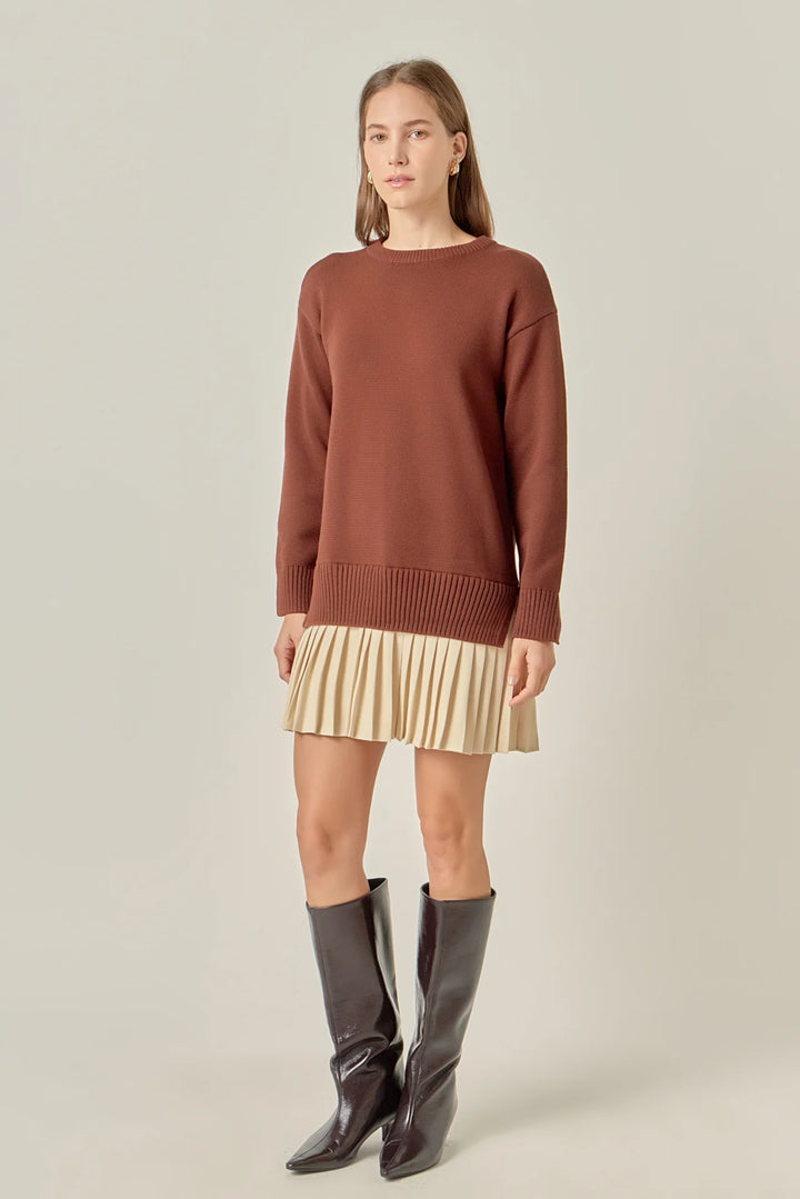 Pleated Mini Dress (Choc Brown/Tan)