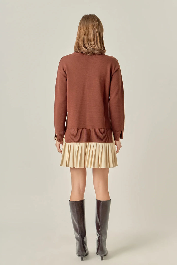 Pleated Mini Dress (Choc Brown/Tan)