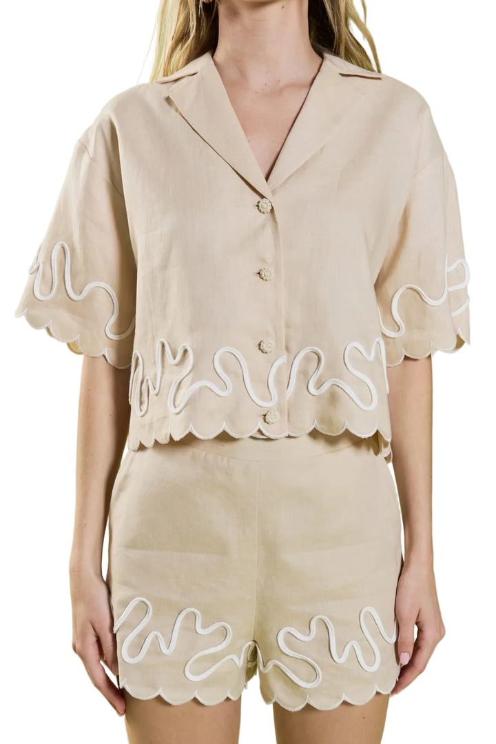 Wavy Embroidered Crop Shirt (Beige/Off White)