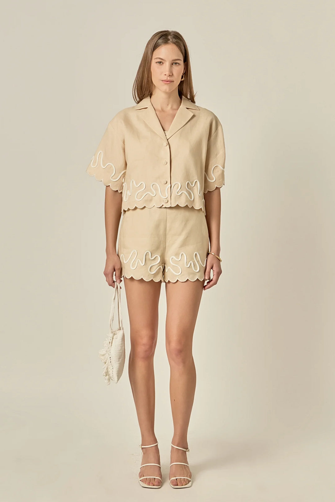Wavy Embroidered Crop Shirt (Beige/Off White)