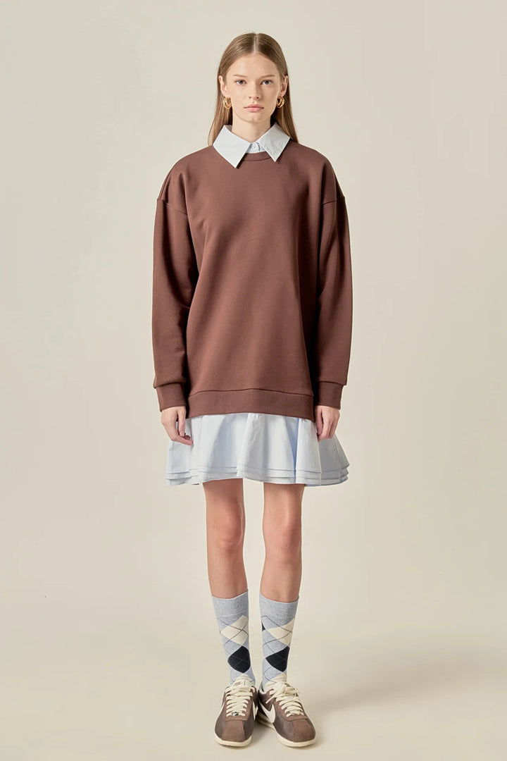 Mixed Media Mini Dress (Brown/Powder Blue)