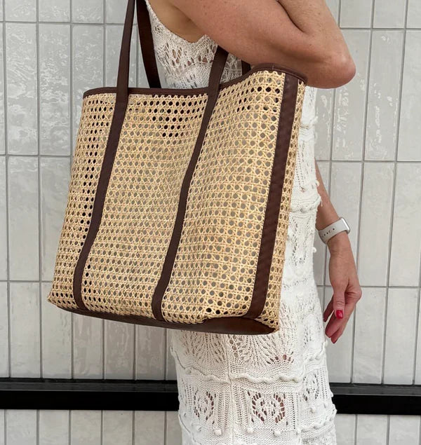 Eleanor Maxi Wicker Tote (Brown Leather)
