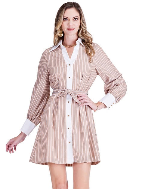 Collar Waist Pleated Shirt Dress (Khaki Stripe)