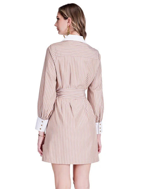 Collar Waist Pleated Shirt Dress (Khaki Stripe)