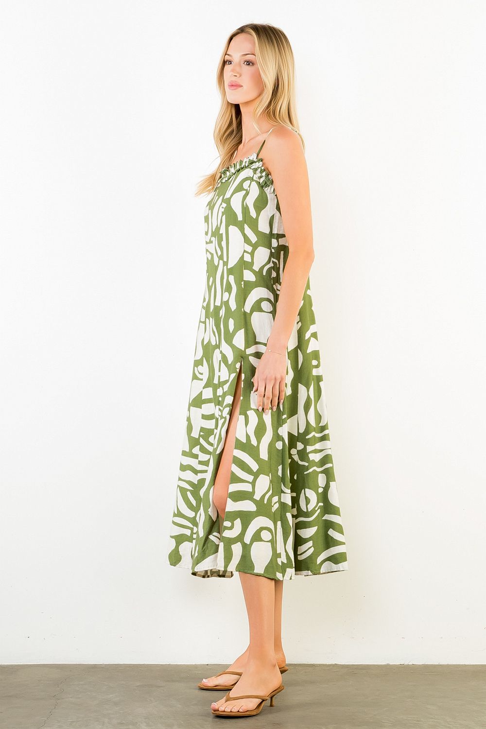 Thin Strap Print Midi Dress (Vert)