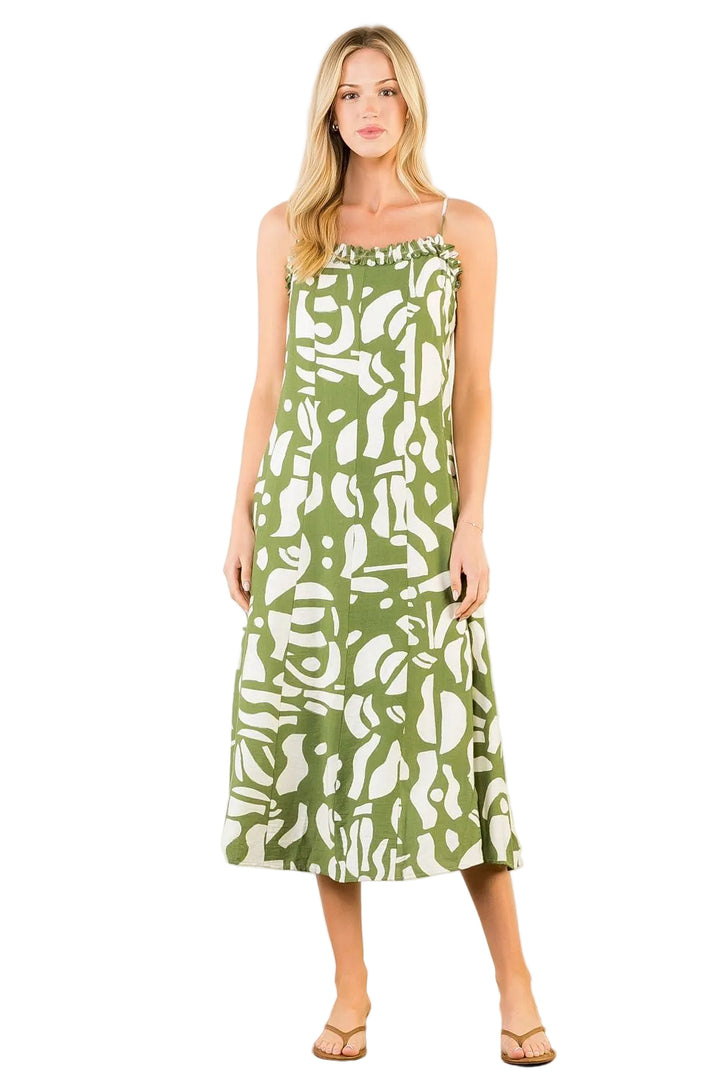 Thin Strap Print Midi Dress (Vert)