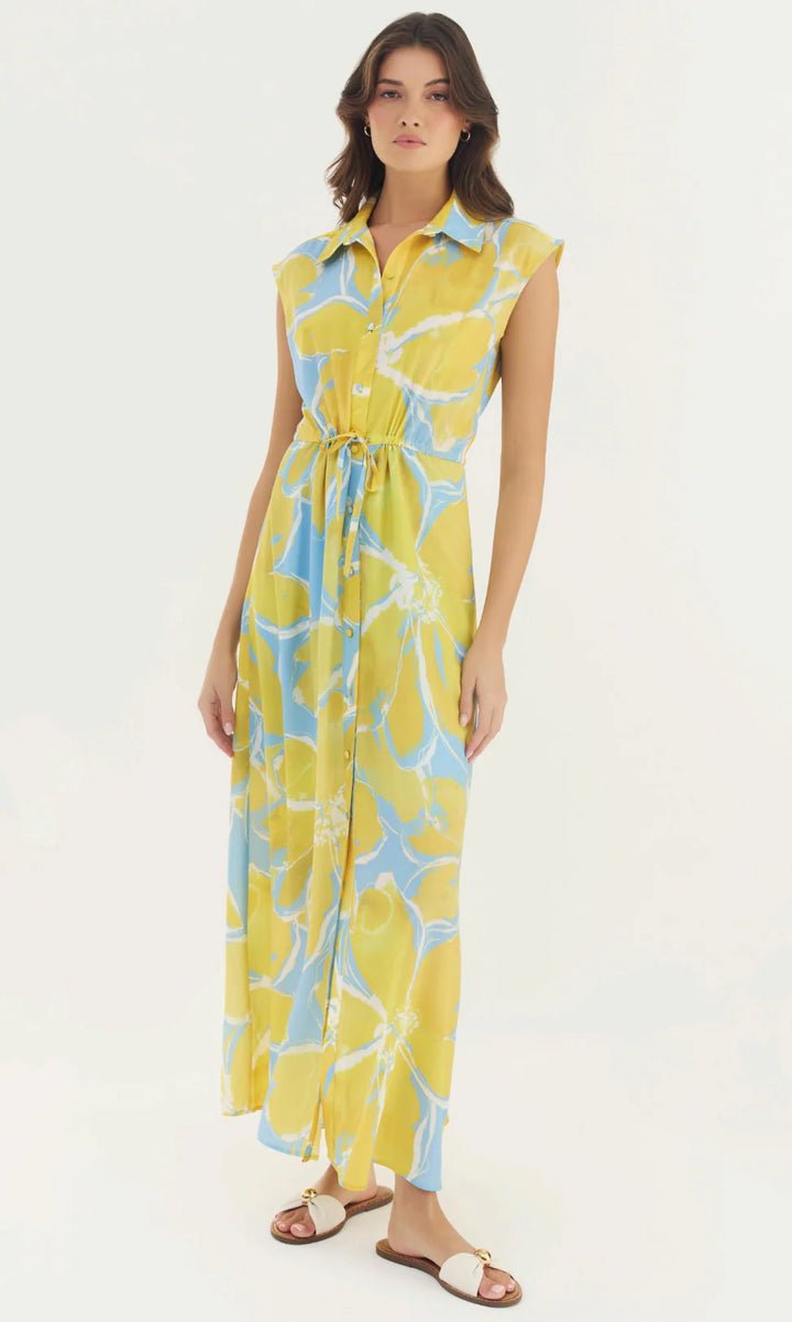 Layton Dress (Blue/Yellow Watercolor Gardenia)