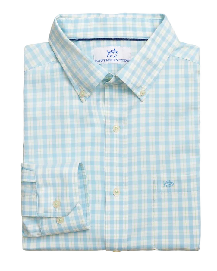 Coastal Breeze Precheck Plaid Sportshirt (Tropical Breeze Blue)