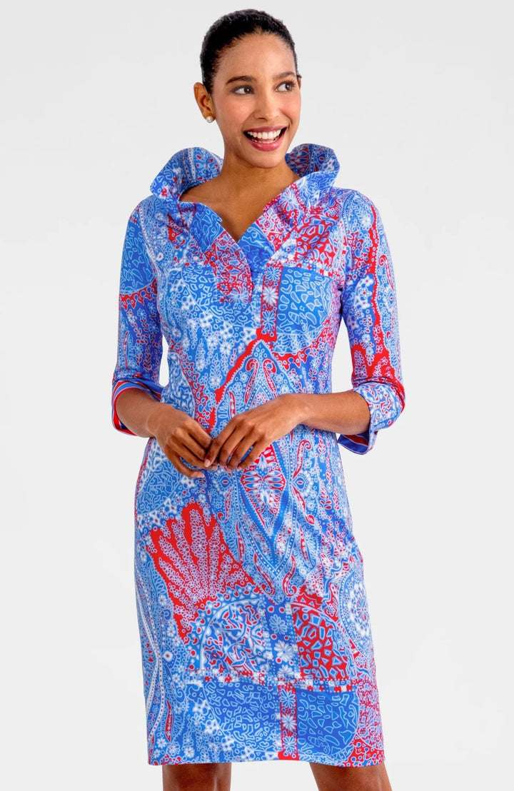Ruffleneck Dress 3/4 Sleeve (Blues)