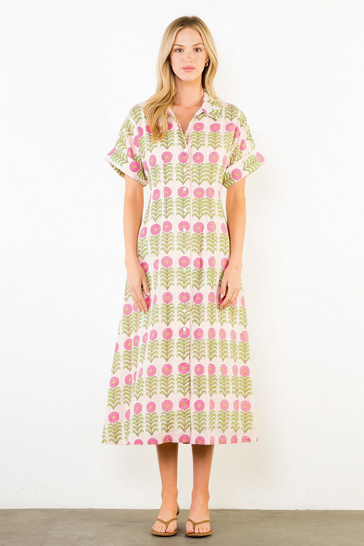 Floral Pattern Button Down Dress (Pink)