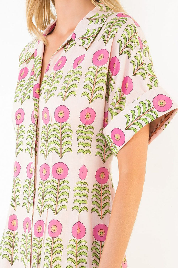 Floral Pattern Button Down Dress (Pink)