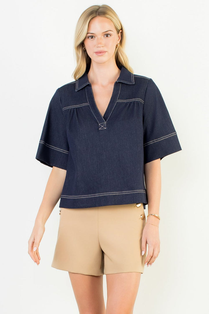 Denim V-Neck Top (Denim Blue)