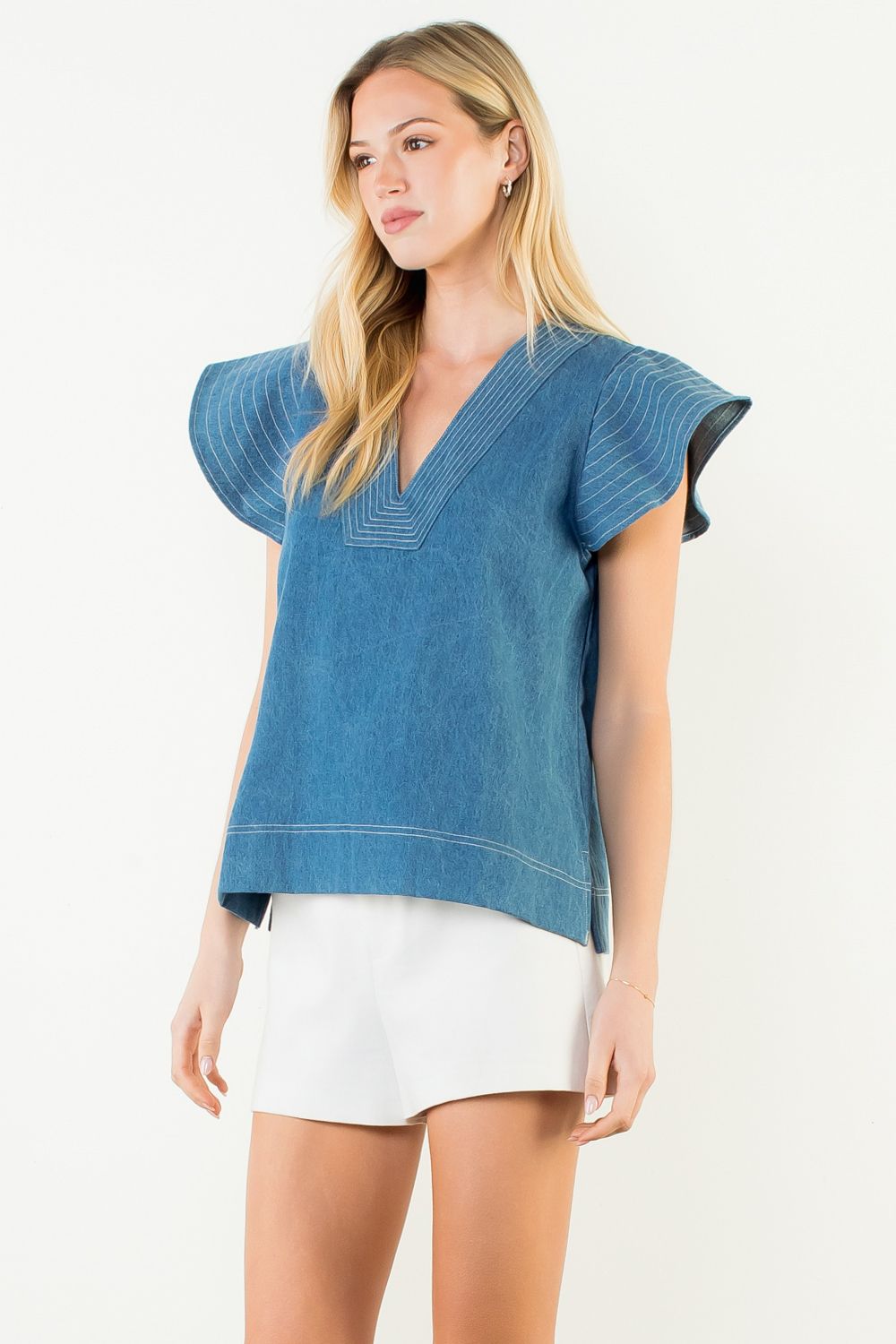 V-Neck Short Sleeve Denim Top (Denim Blue)