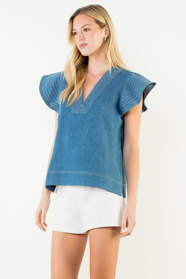 V-Neck Short Sleeve Denim Top (Denim Blue)