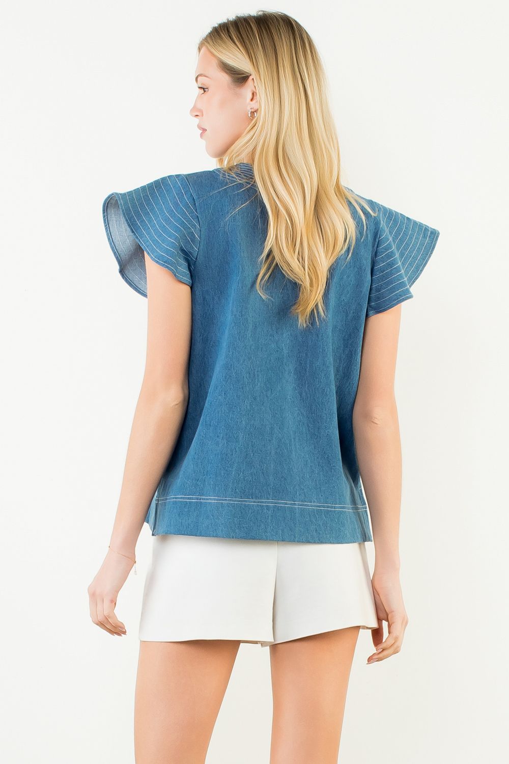 V-Neck Short Sleeve Denim Top (Denim Blue)