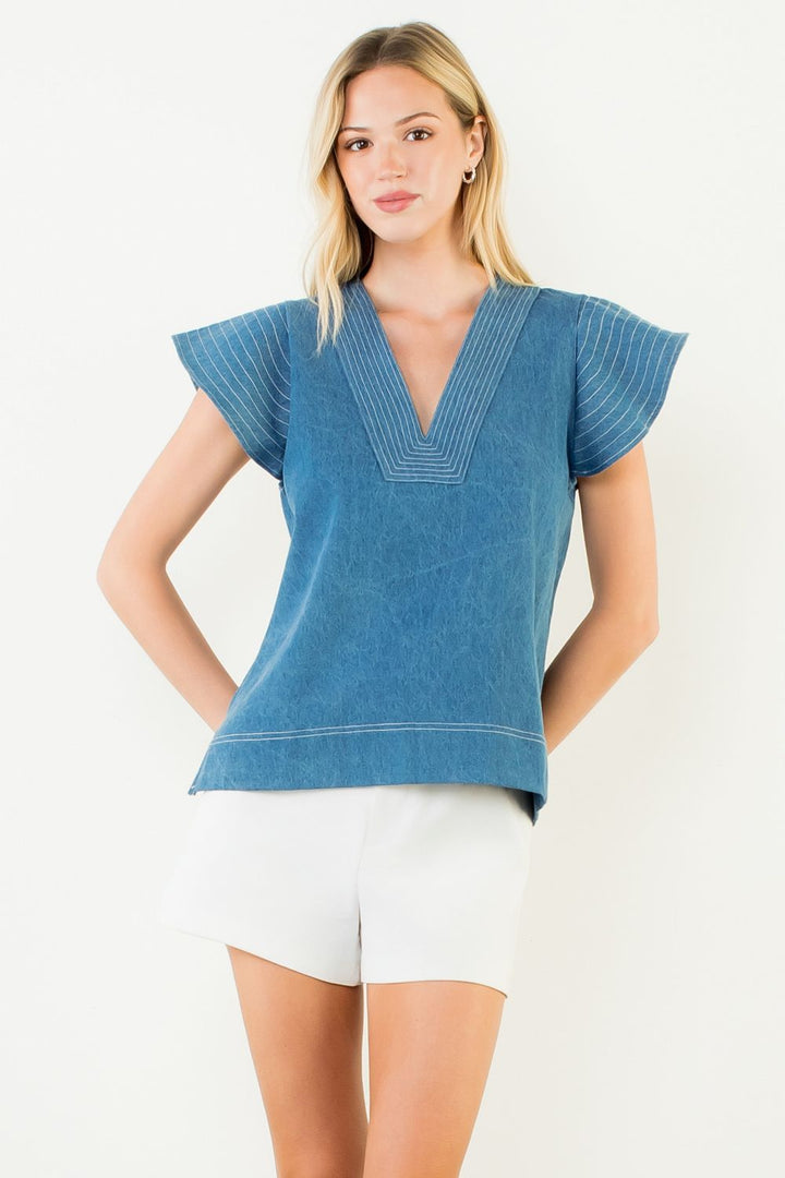 V-Neck Short Sleeve Denim Top (Denim Blue)